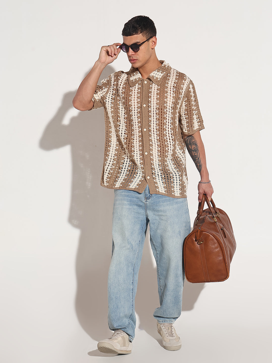 Men's Striped Beige Crochet Open Knit Short Sleeve Shirt