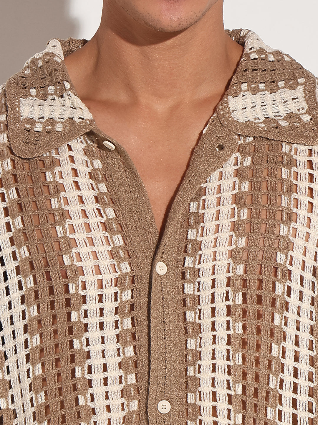 Men's Striped Beige Crochet Open Knit Short Sleeve Shirt