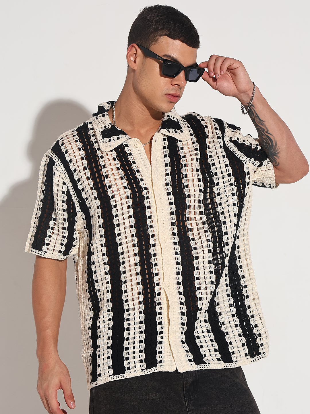 Men’s Striped Black Crochet Open Knit Short Sleeve Shirt