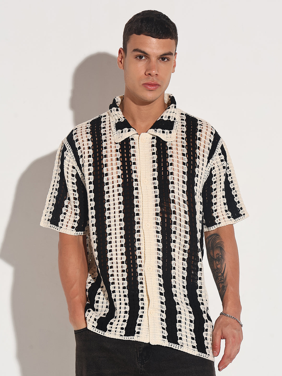 Men’s Striped Black Crochet Open Knit Short Sleeve Shirt