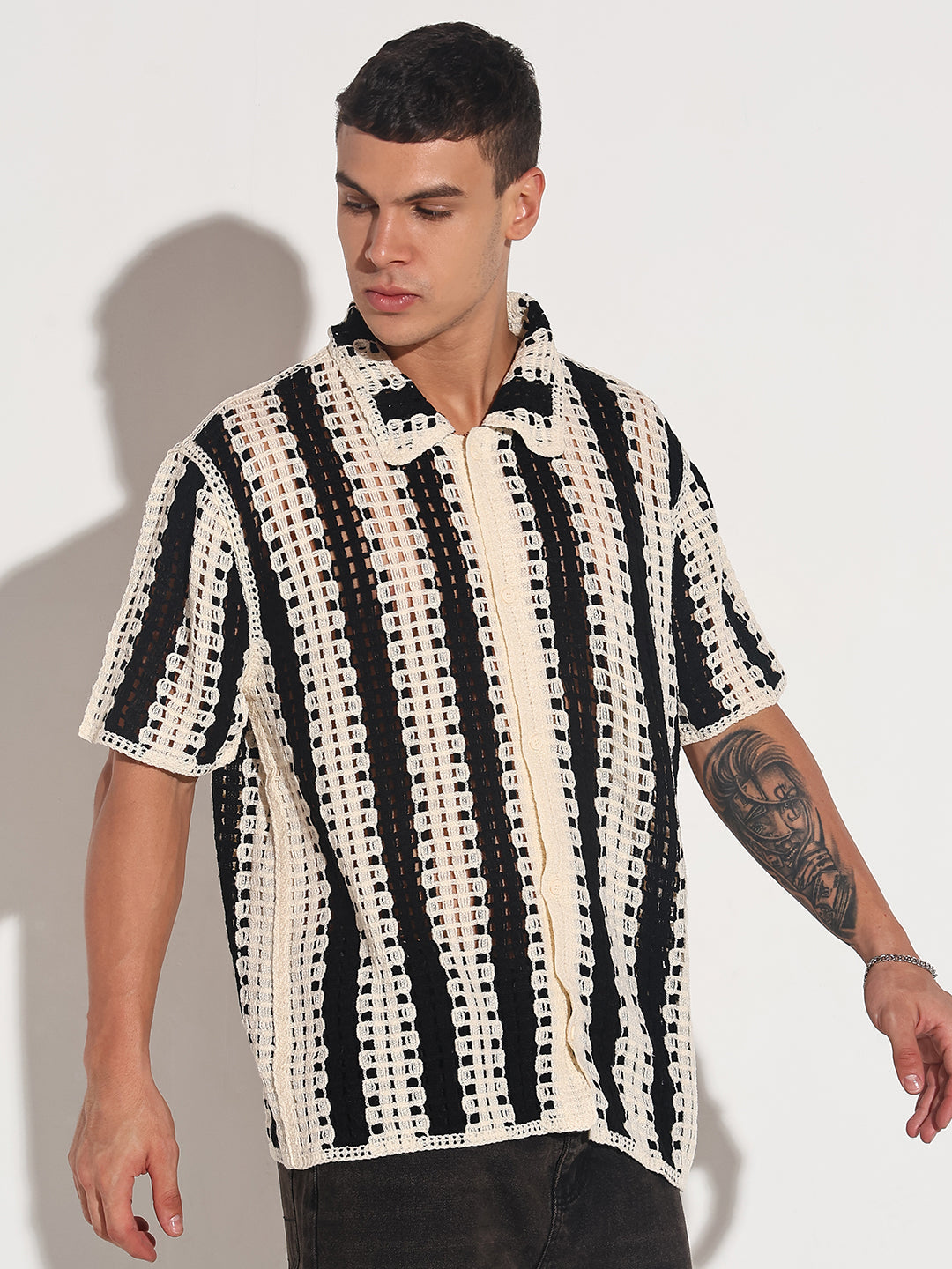 Men's Striped Black Crochet Open Knit Short Sleeve Shirt