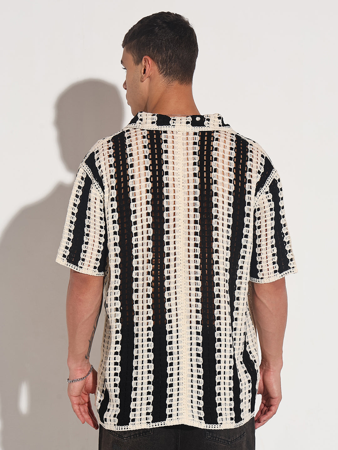 Men's Striped Black Crochet Open Knit Short Sleeve Shirt