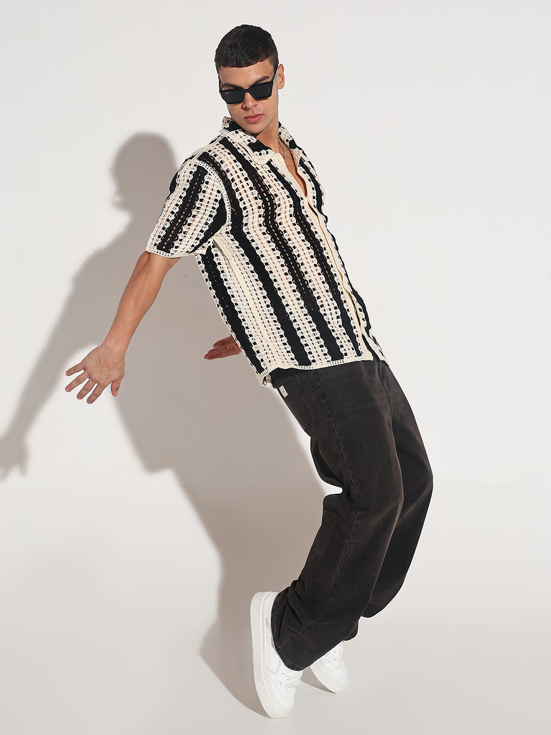 Men's Striped Black Crochet Open Knit Short Sleeve Shirt