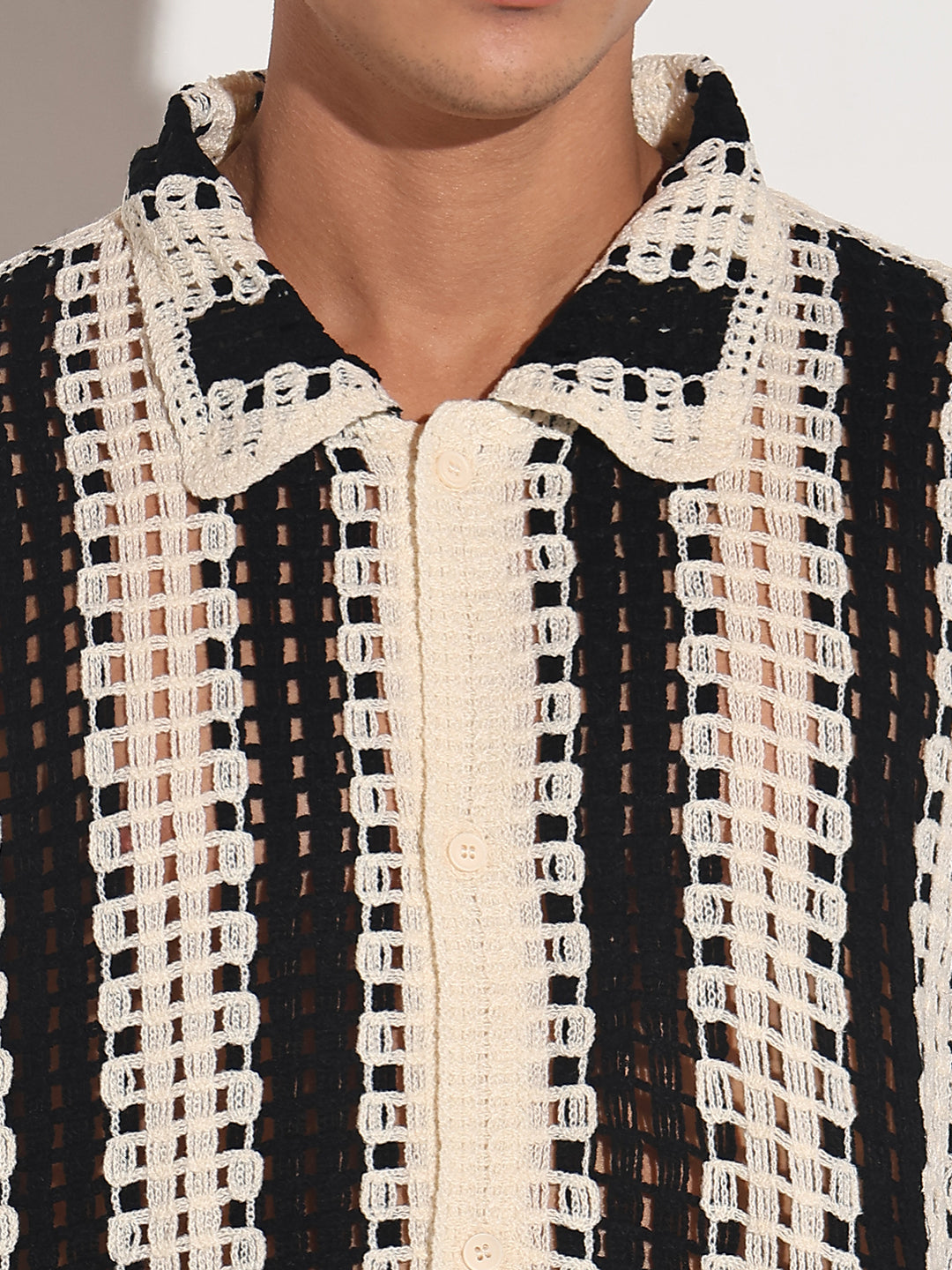 Men's Striped Black Crochet Open Knit Short Sleeve Shirt