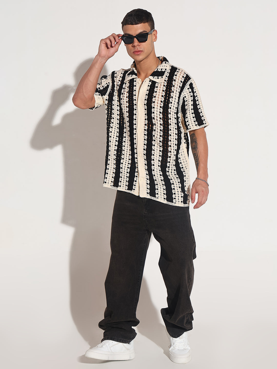 Men's Striped Black Crochet Open Knit Short Sleeve Shirt