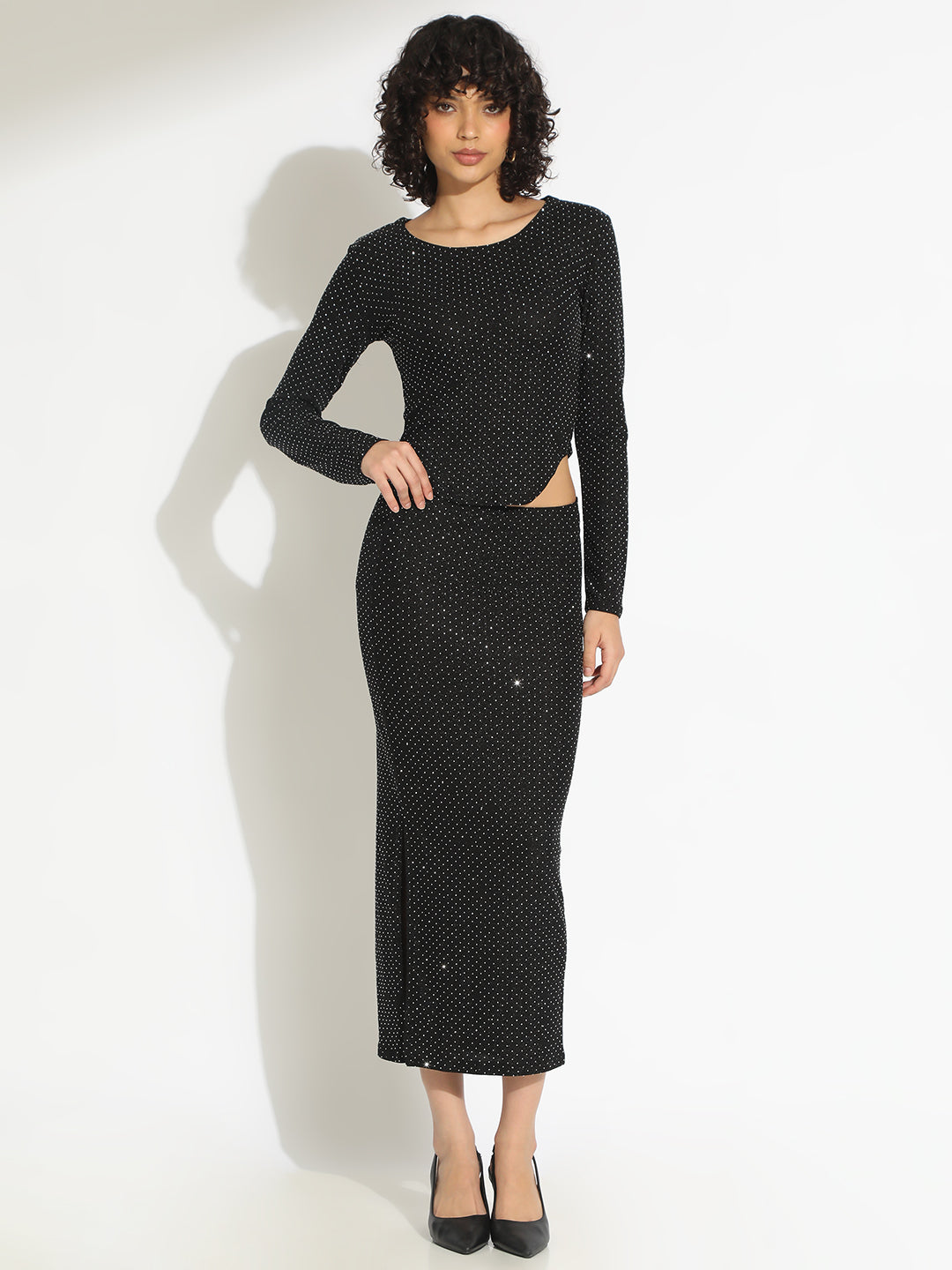 Women's Embellished Black Long Sleeve Top and Slit Skirt Co-Ord Set