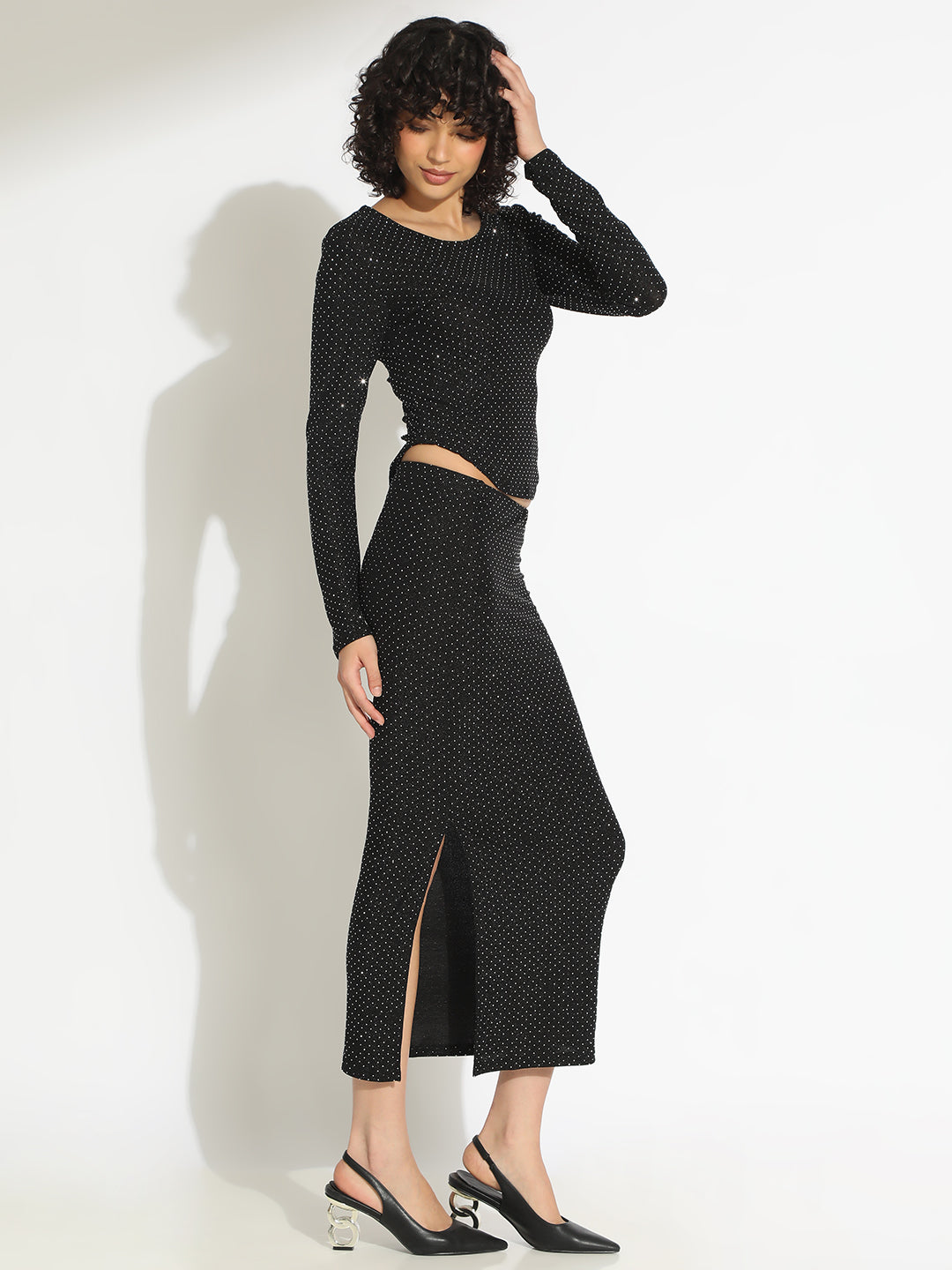Women's Embellished Black Long Sleeve Top and Slit Skirt Co-Ord Set