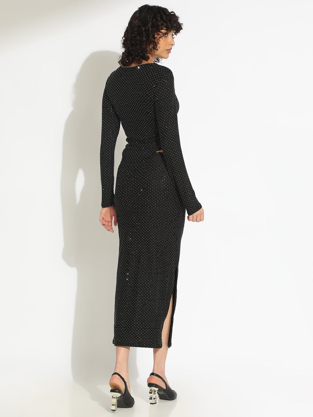 Women's Embellished Black Long Sleeve Top and Slit Skirt Co-Ord Set