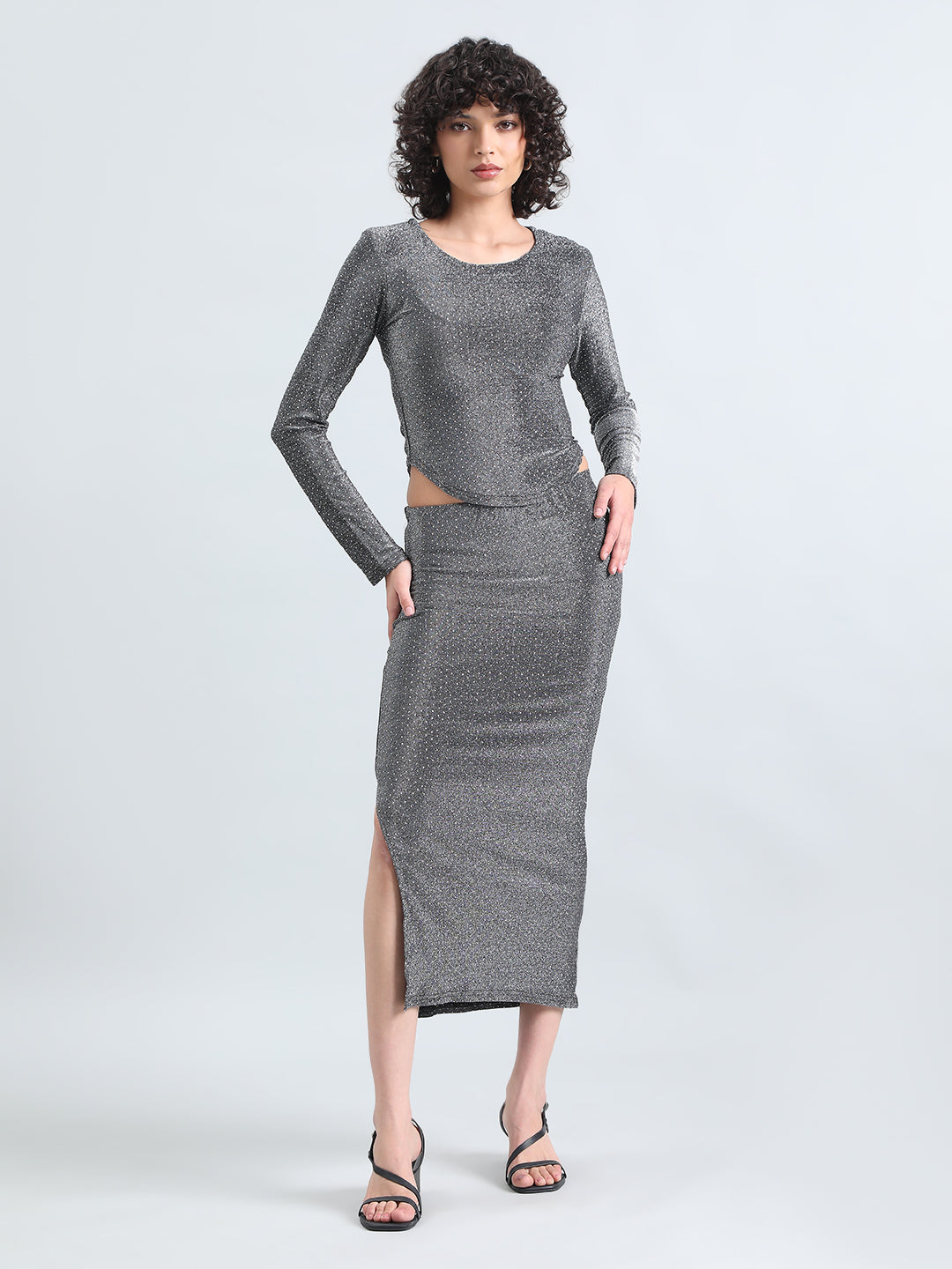 Women's Embellished Grey Long Sleeve Top and Slit Skirt Co-Ord Set