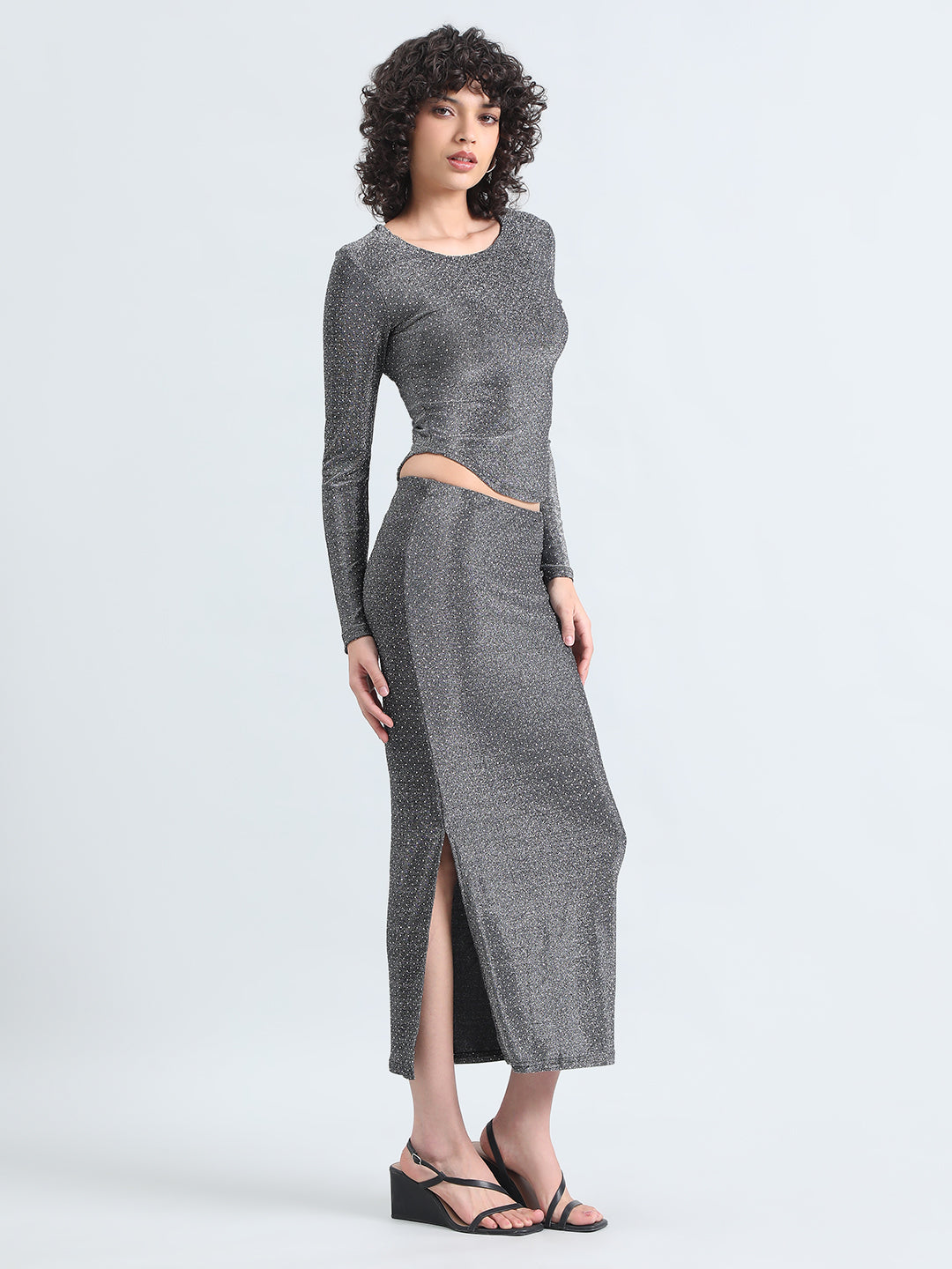 Women's Embellished Grey Long Sleeve Top and Slit Skirt Co-Ord Set