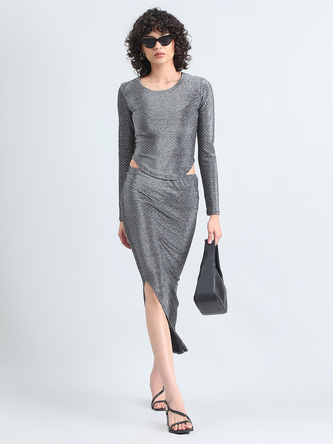 Women's Embellished Grey Long Sleeve Top and Slit Skirt Co-Ord Set