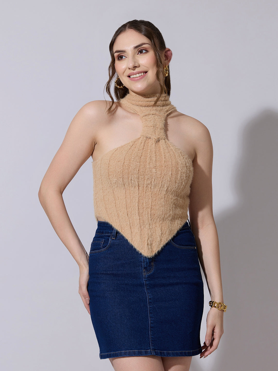 Women's Beige Fuzzy Halter Neck Top with Pointed Hem