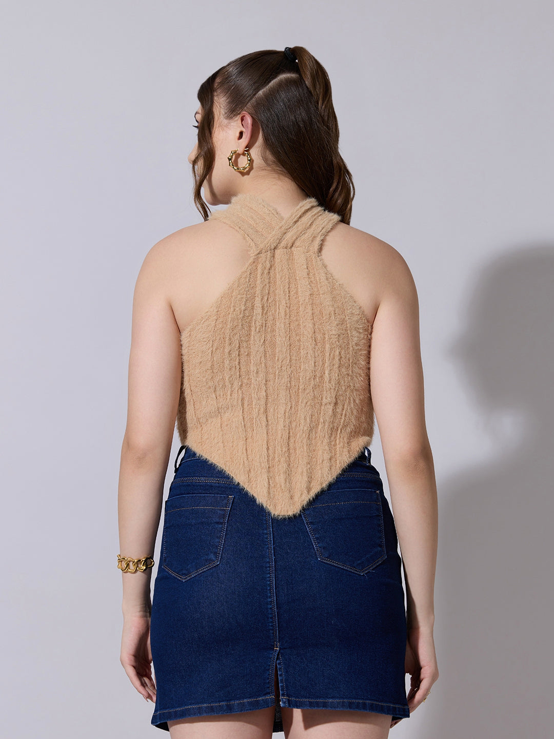 Women's Beige Fuzzy Halter Neck Top with Pointed Hem