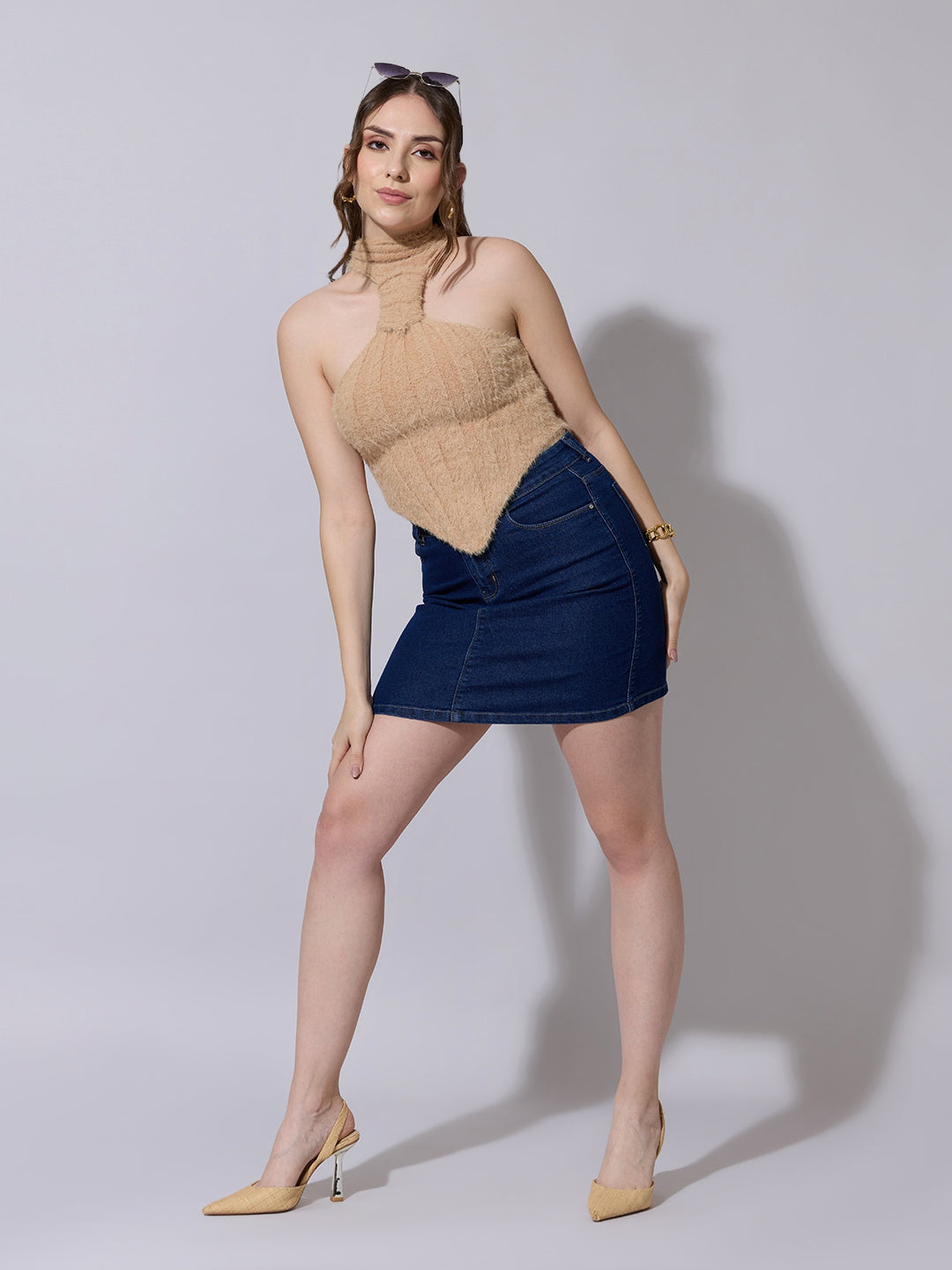 Women's Beige Fuzzy Halter Neck Top with Pointed Hem