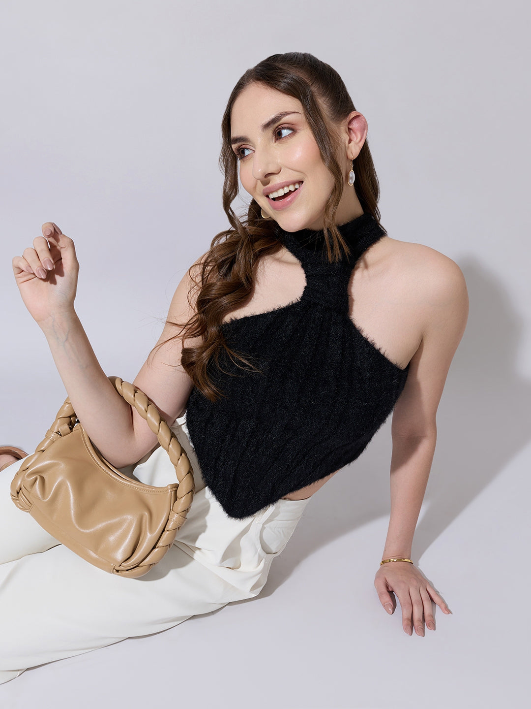 Women's Black Fuzzy Halter Neck Top with Pointed Hem