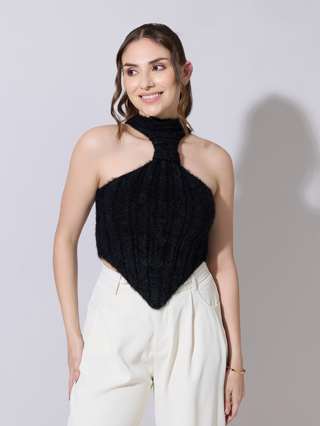 Women's Black Fuzzy Halter Neck Top with Pointed Hem