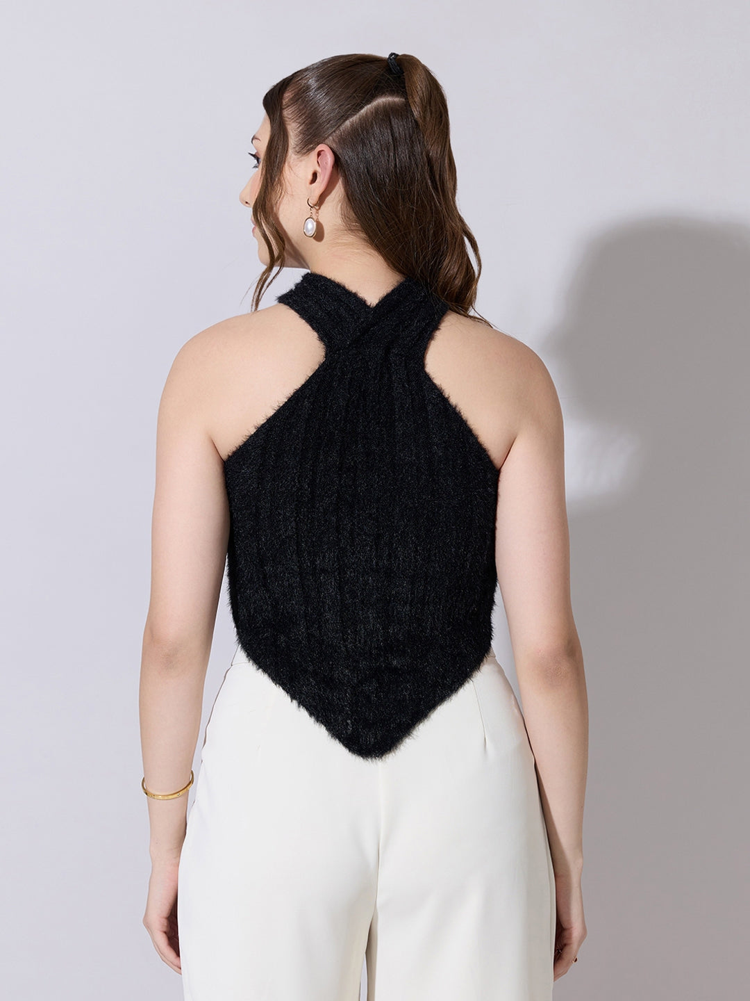 Women's Black Fuzzy Halter Neck Top with Pointed Hem