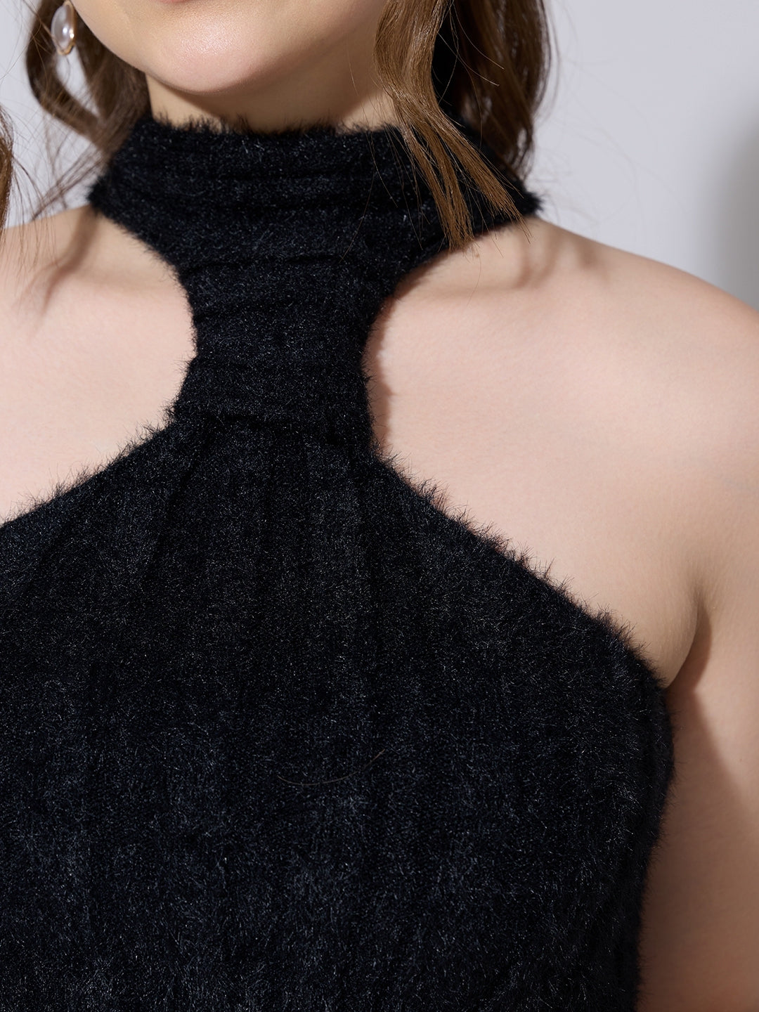 Women's Black Fuzzy Halter Neck Top with Pointed Hem