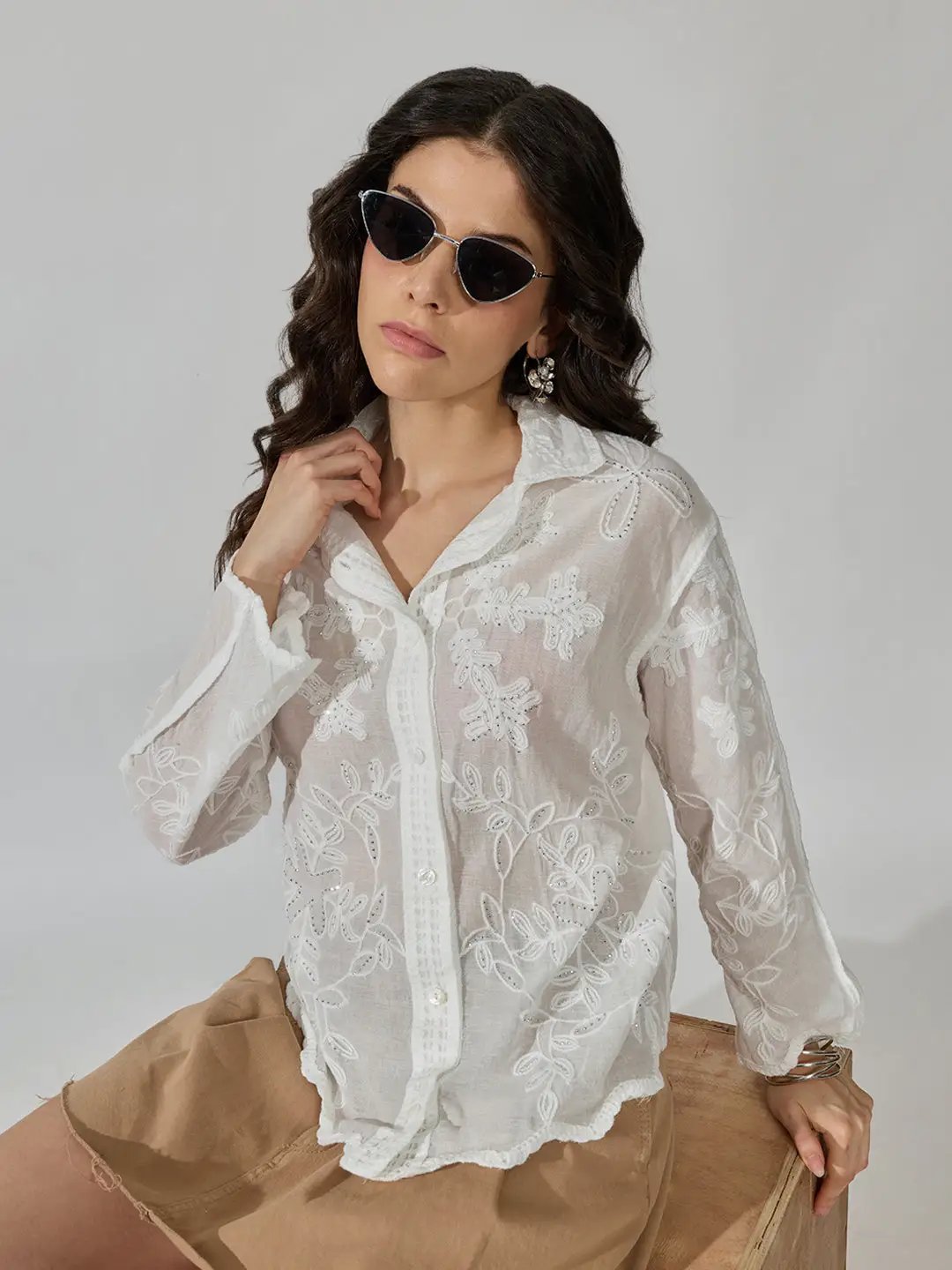 Women's Floral White Long Sleeve Shirt