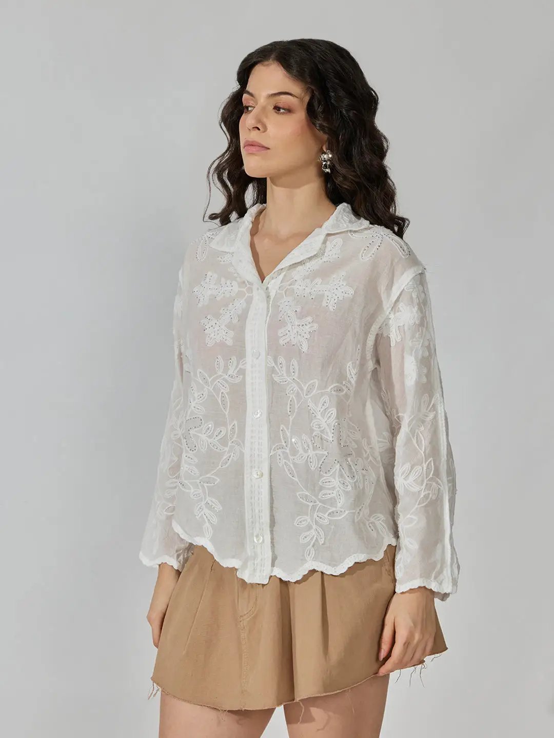 Women's Floral White Long Sleeve Shirt