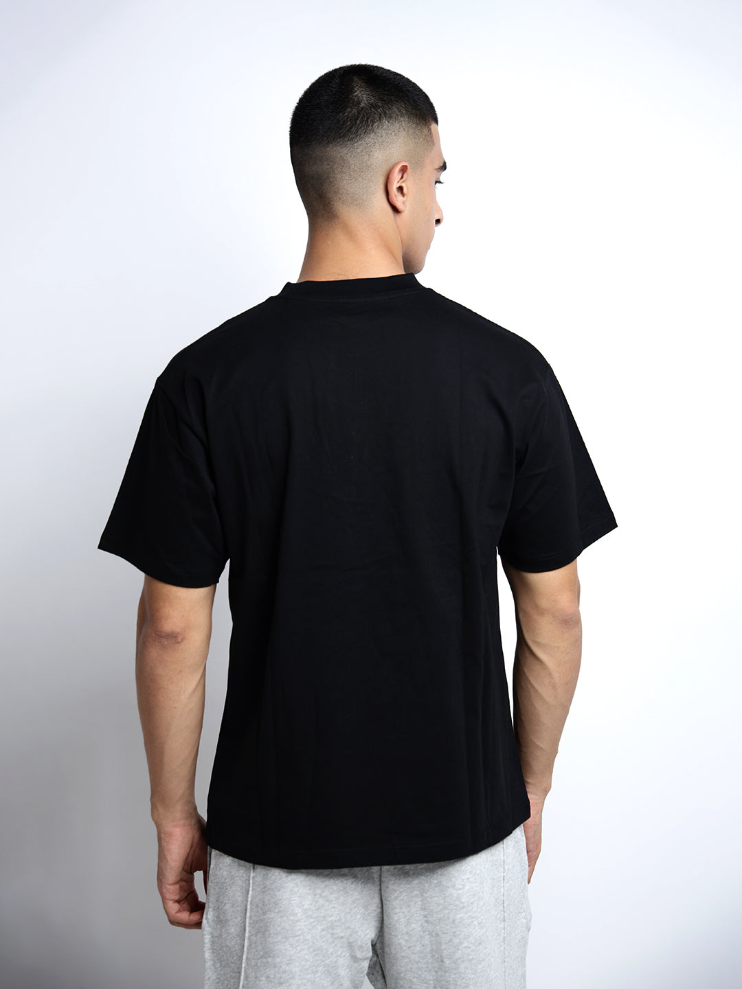 Men's Typography Black Graphic Printed Round Neck Oversized T-Shirt
