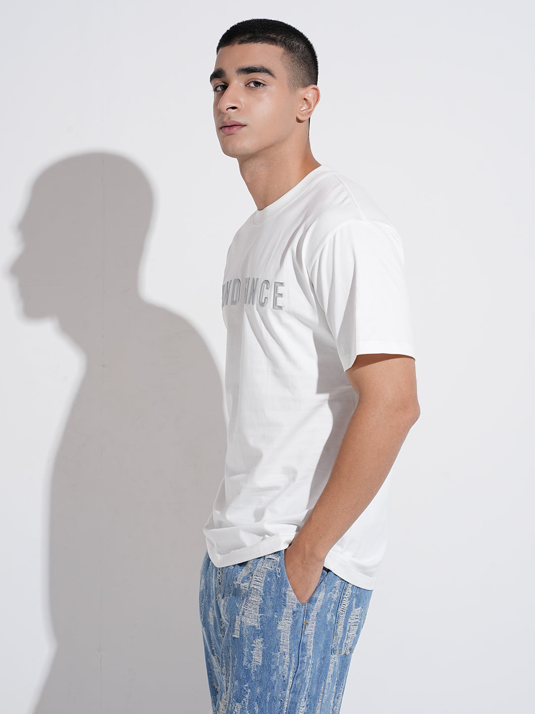 Men's Typography White Graphic Printed Round Neck Oversized T-Shirt