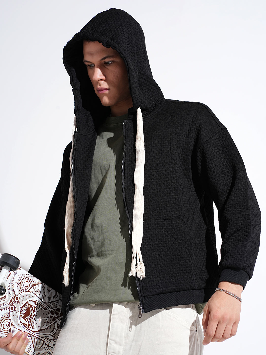 Men's Textured Black Ribbed Regular Fit Zip Up Hoodie
