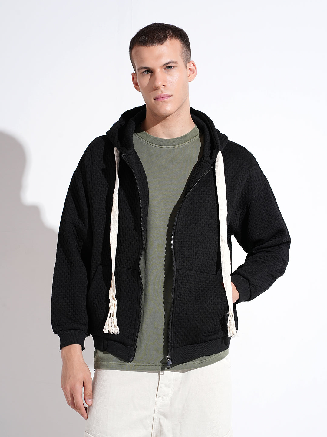 Men's Textured Black Ribbed Regular Fit Zip Up Hoodie