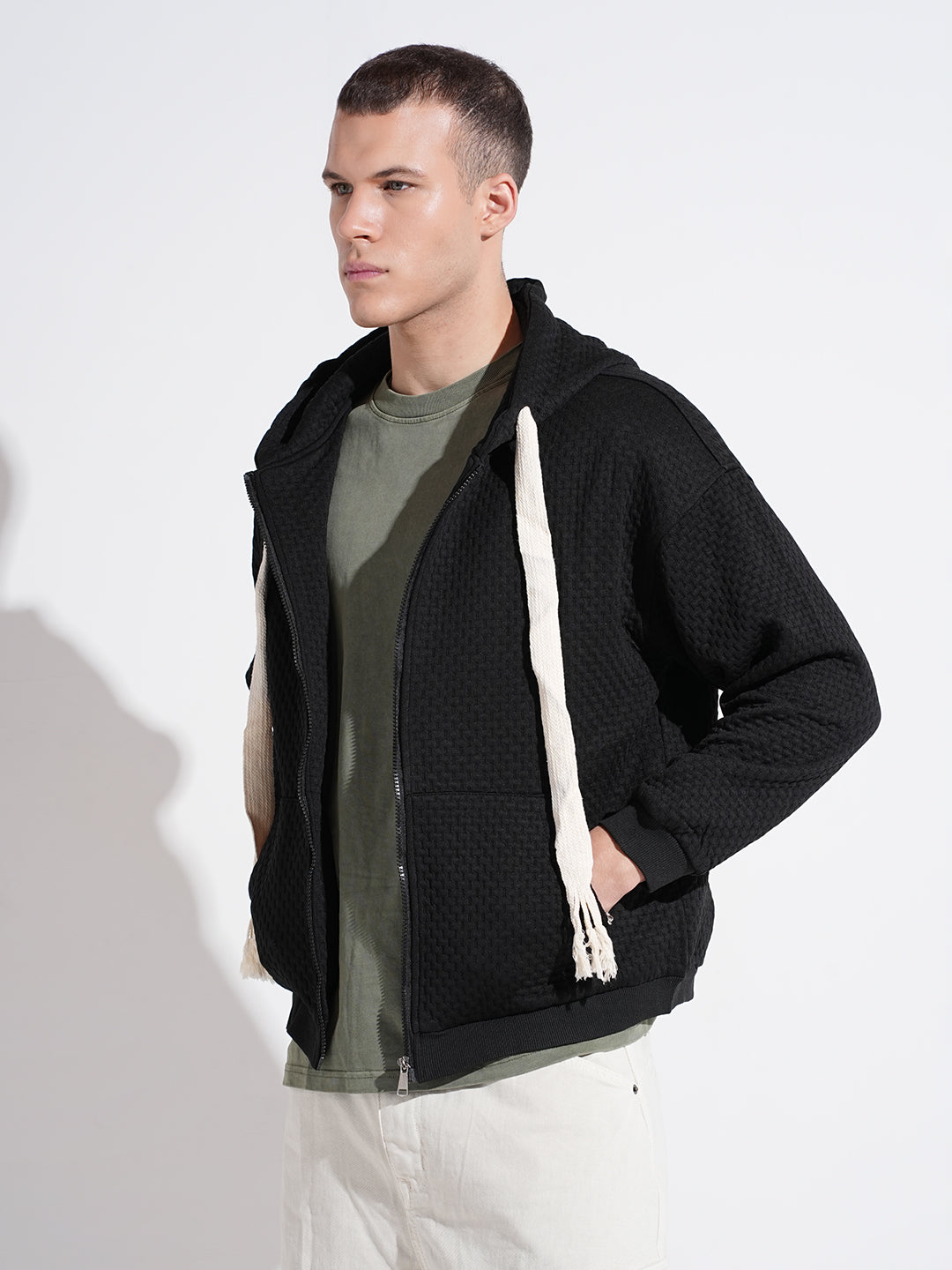 Men's Textured Black Ribbed Regular Fit Zip Up Hoodie