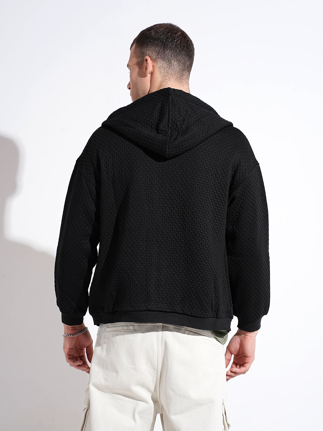 Men's Textured Black Ribbed Regular Fit Zip Up Hoodie