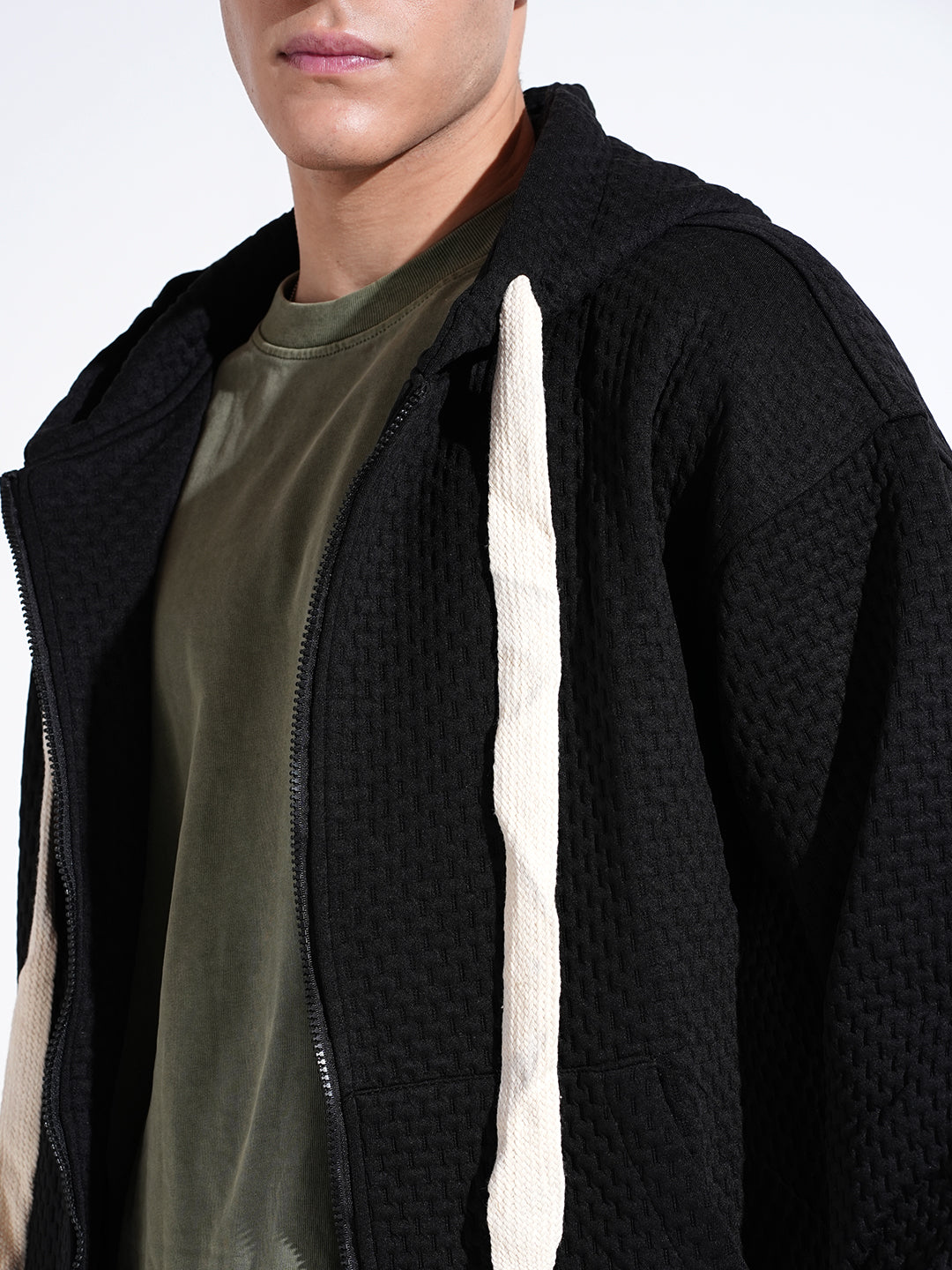 Men's Textured Black Ribbed Regular Fit Zip Up Hoodie