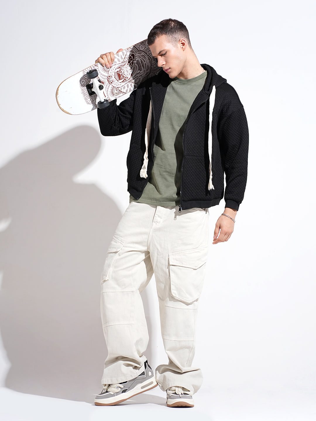 Men's Textured Black Ribbed Regular Fit Zip Up Hoodie