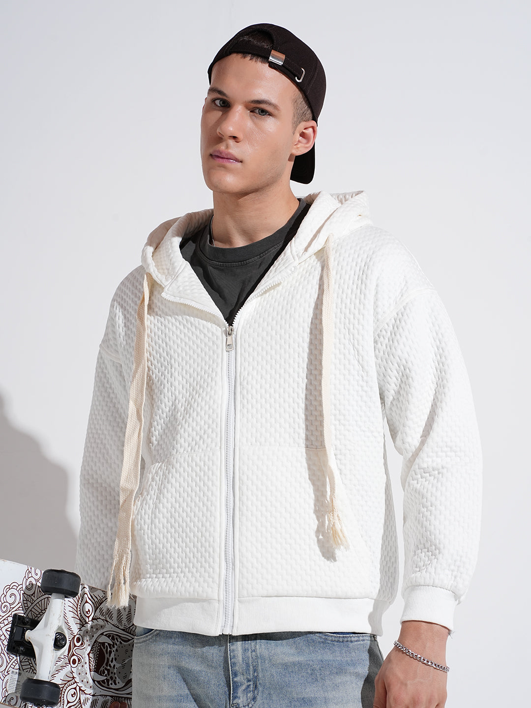 Men's Textured Off White Ribbed Regular Fit Zip Up Hoodie