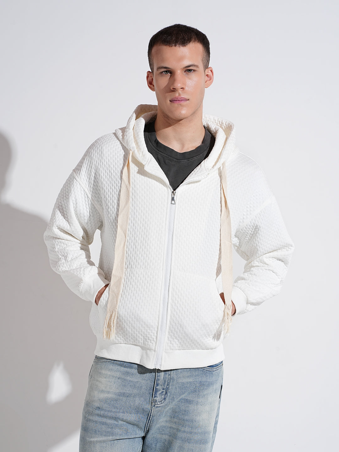 Men's Textured Off White Ribbed Regular Fit Zip Up Hoodie