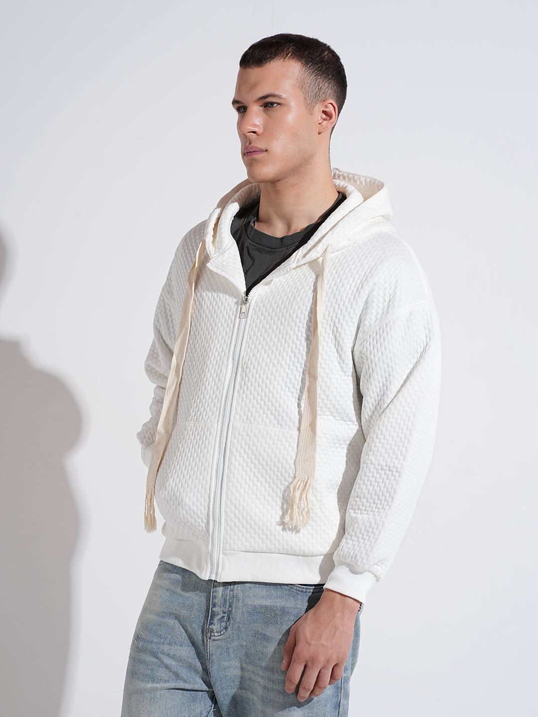 Men's Textured Off White Ribbed Regular Fit Zip Up Hoodie