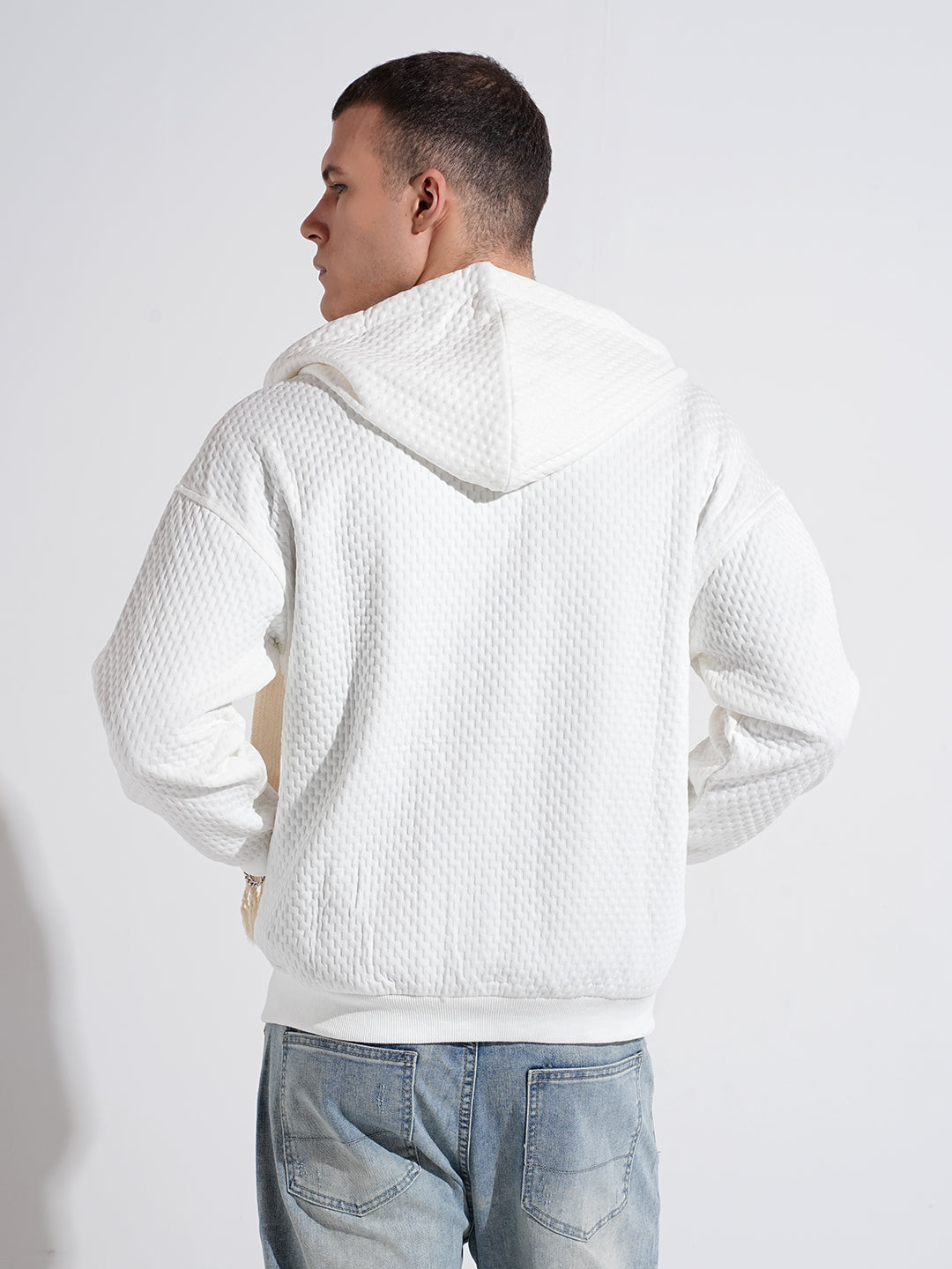 Men's Textured Off White Ribbed Regular Fit Zip Up Hoodie