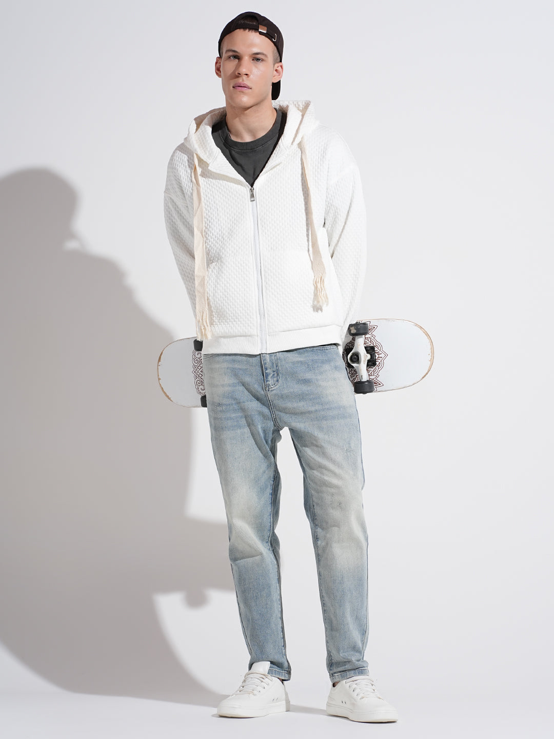 Men's Textured Off White Ribbed Regular Fit Zip Up Hoodie