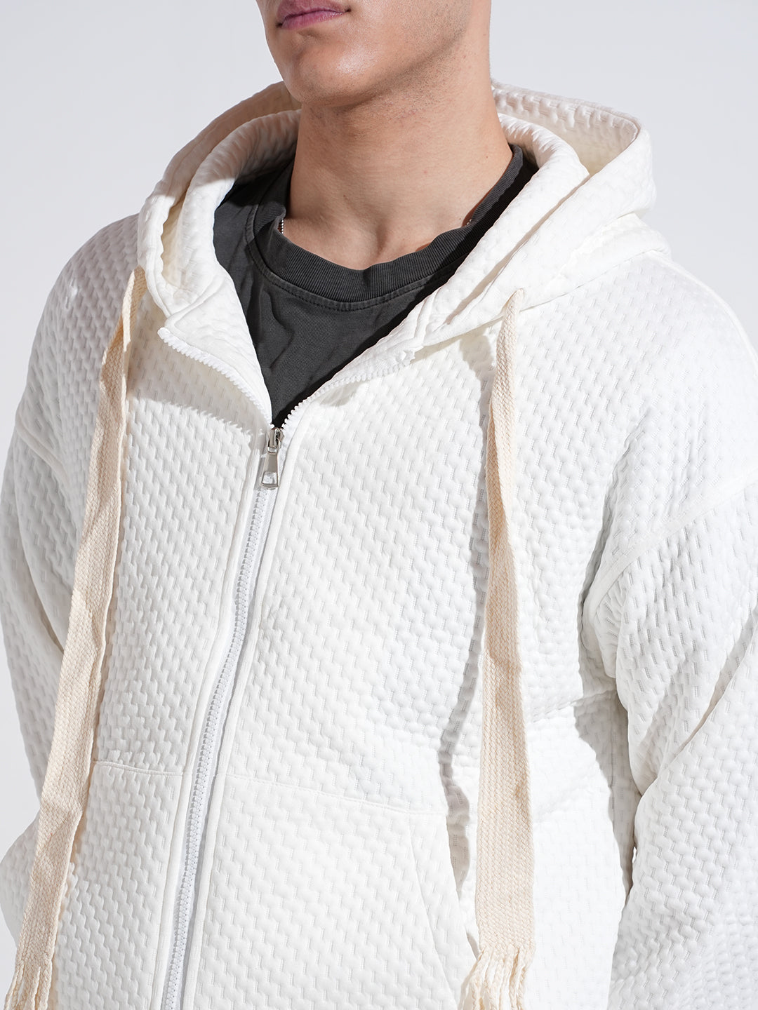 Men's Textured Off White Ribbed Regular Fit Zip Up Hoodie