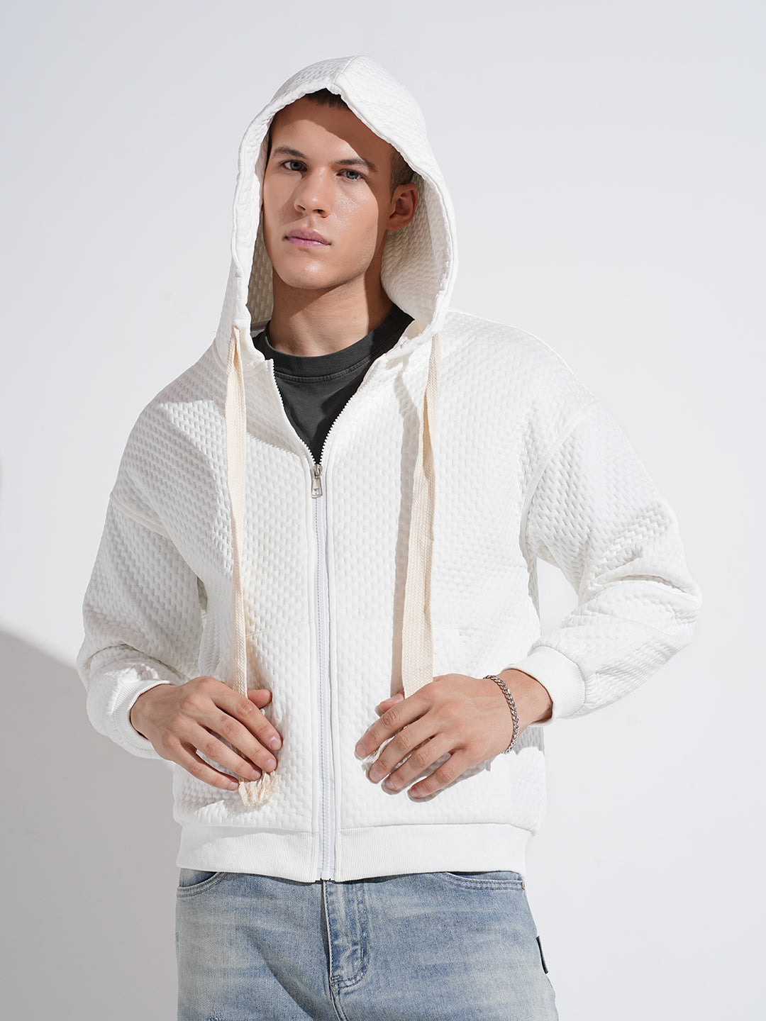 Men's Textured Off White Ribbed Regular Fit Zip Up Hoodie