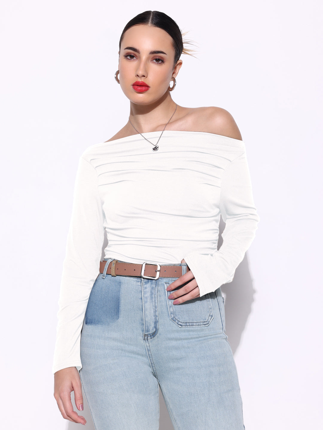 Women Solid White Off-Shoulder Top