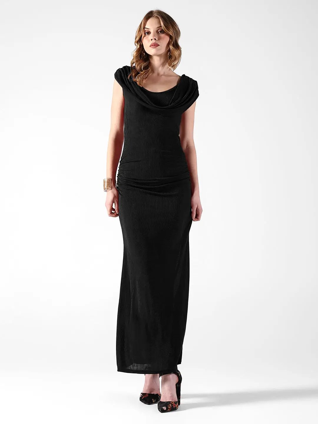Women's Draped Black Cowl Neck Ruched Bodycon Dress