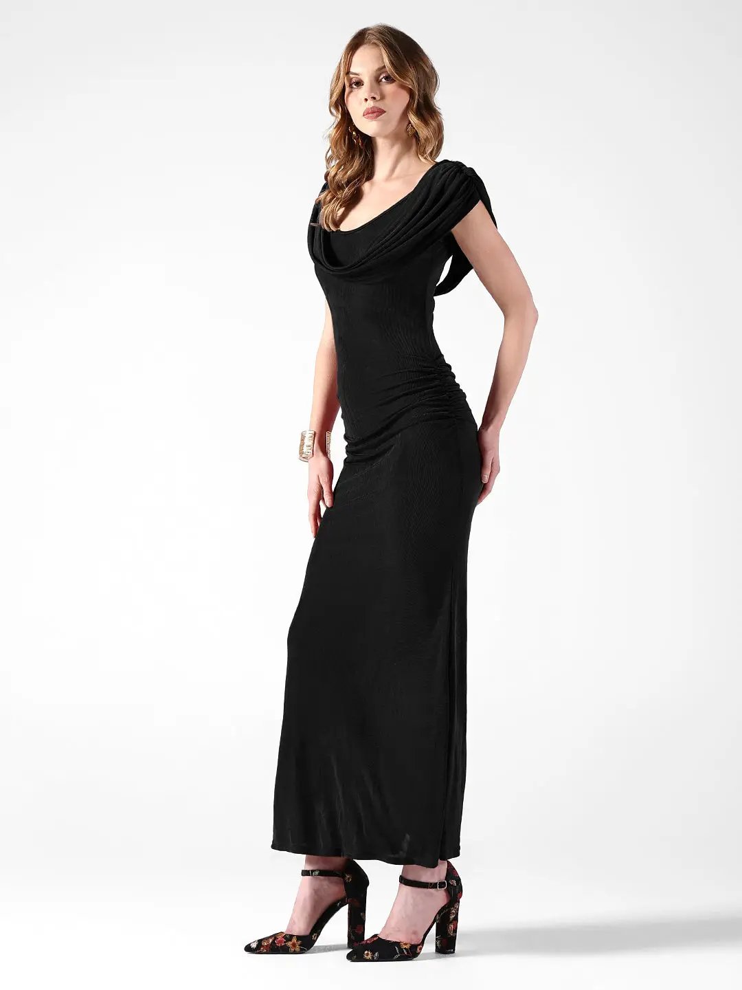 Women's Draped Black Cowl Neck Ruched Bodycon Dress