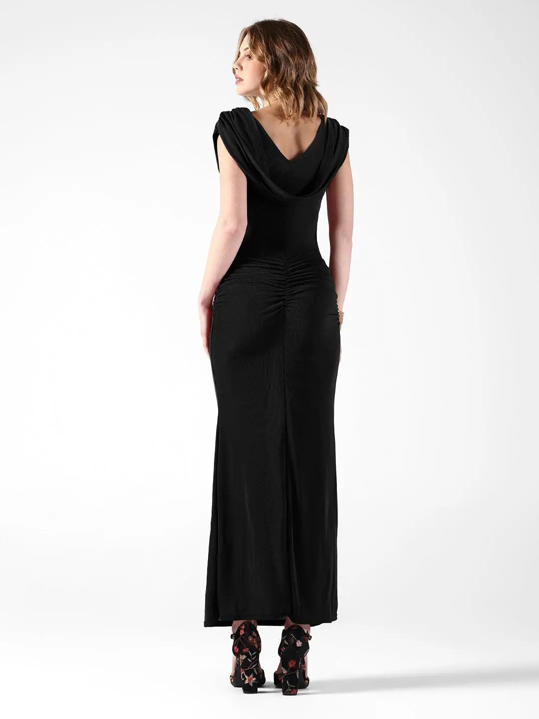 Women's Draped Black Cowl Neck Ruched Bodycon Dress