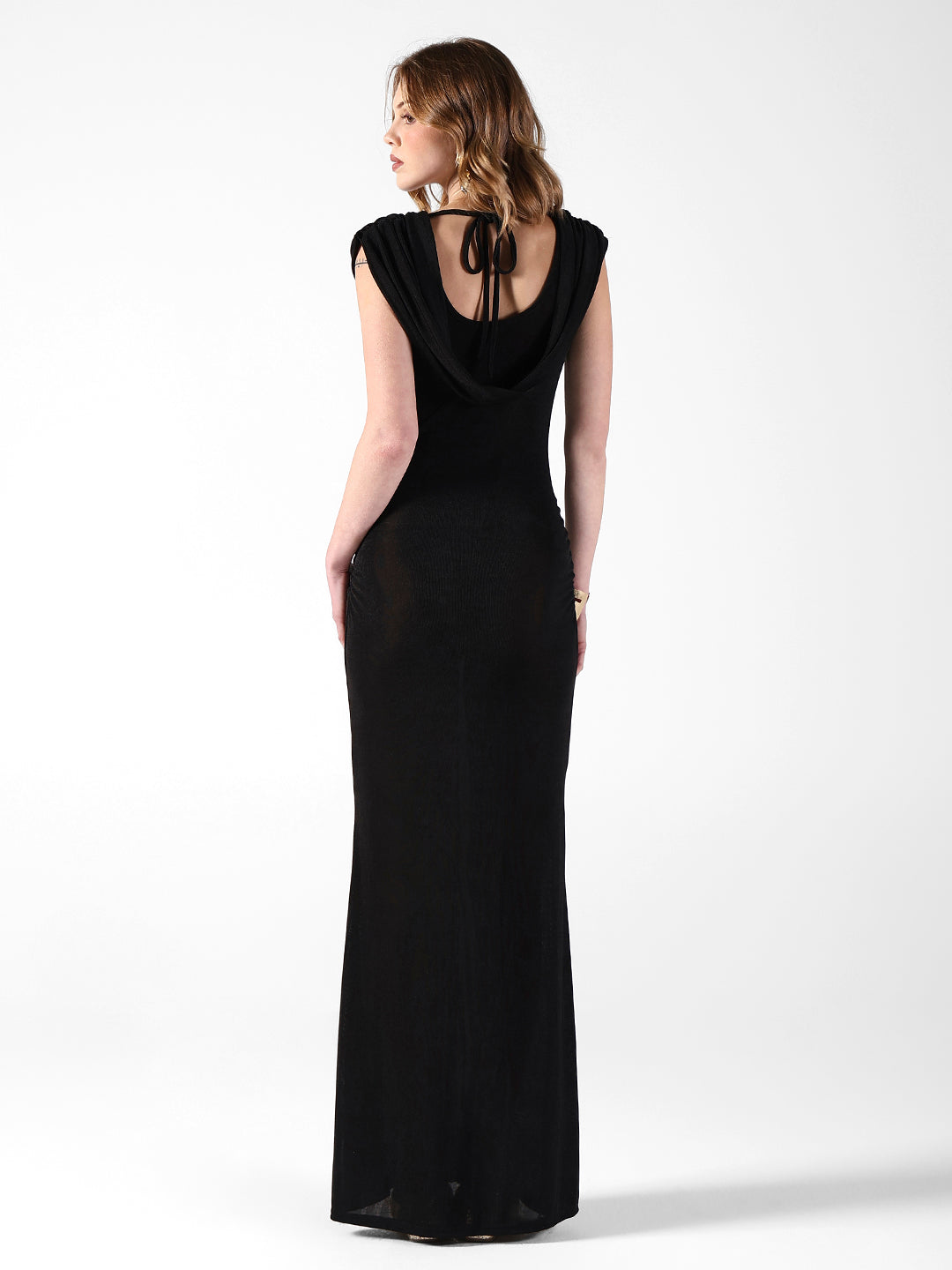 Women's Draped Black Cowl Neck Ruched Bodycon Dress