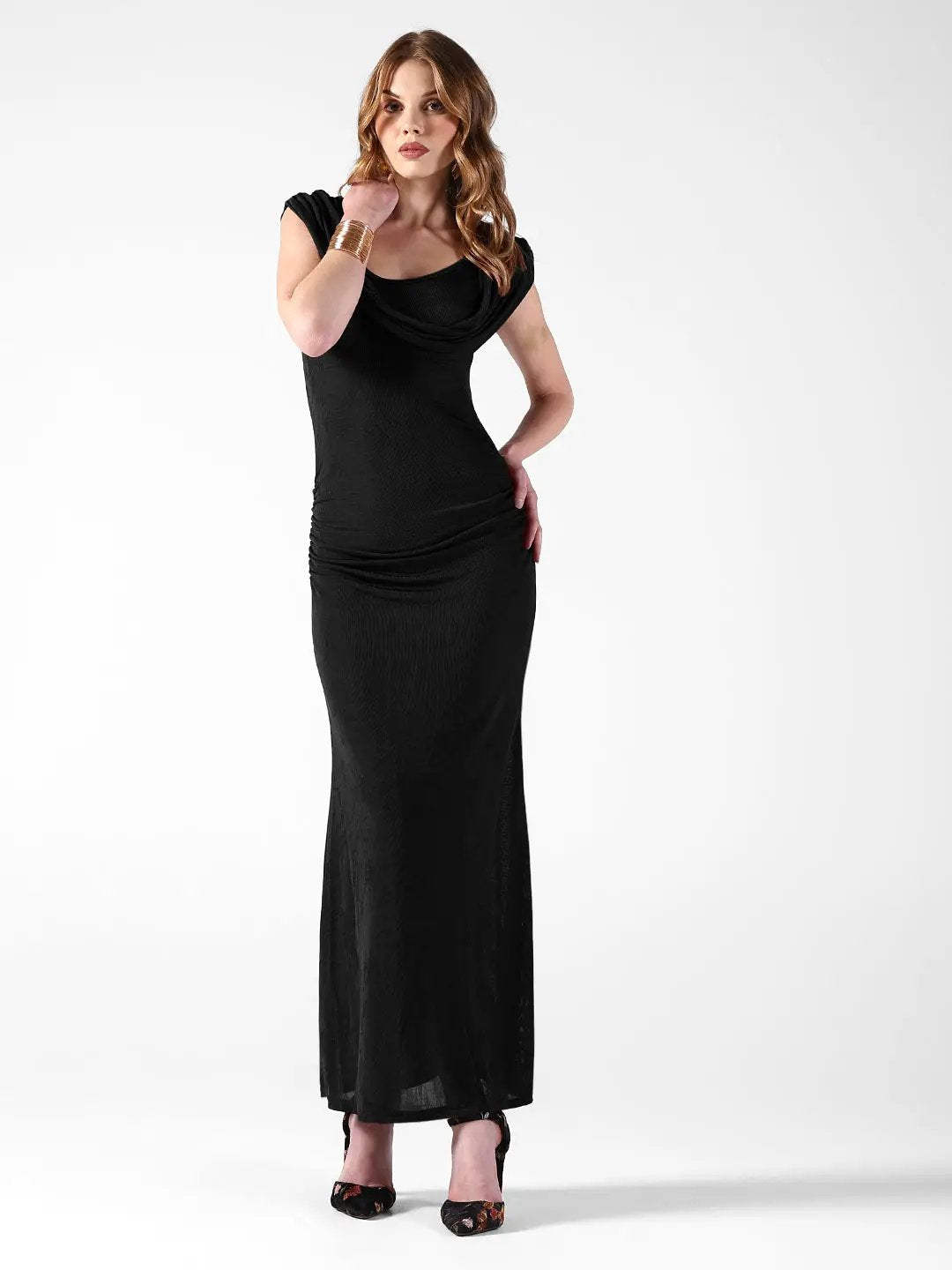 Women's Draped Black Cowl Neck Ruched Bodycon Dress