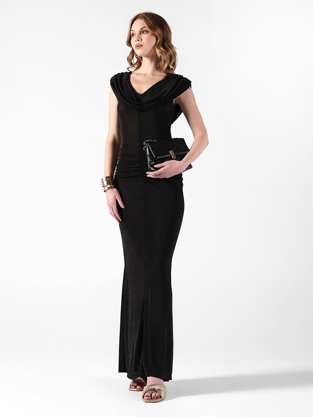 Women's Draped Black Cowl Neck Ruched Bodycon Dress