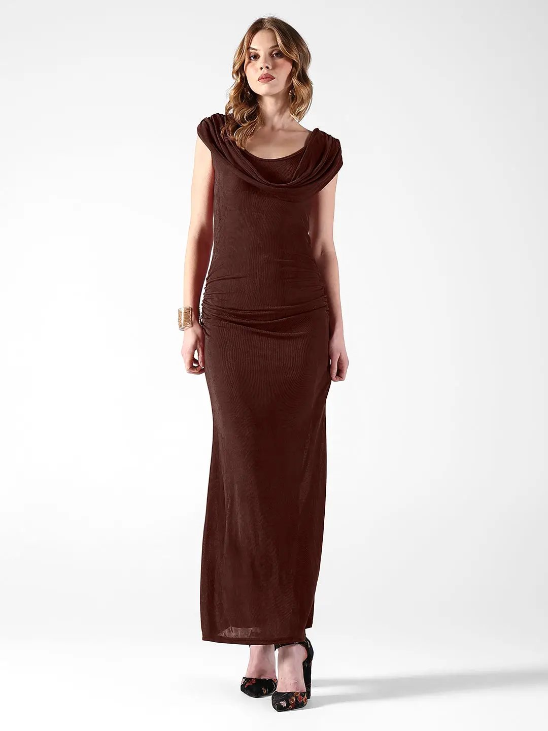 Shop Women's Draped Brown Cowl Neck Ruched Bodycon Dress| Showoffff