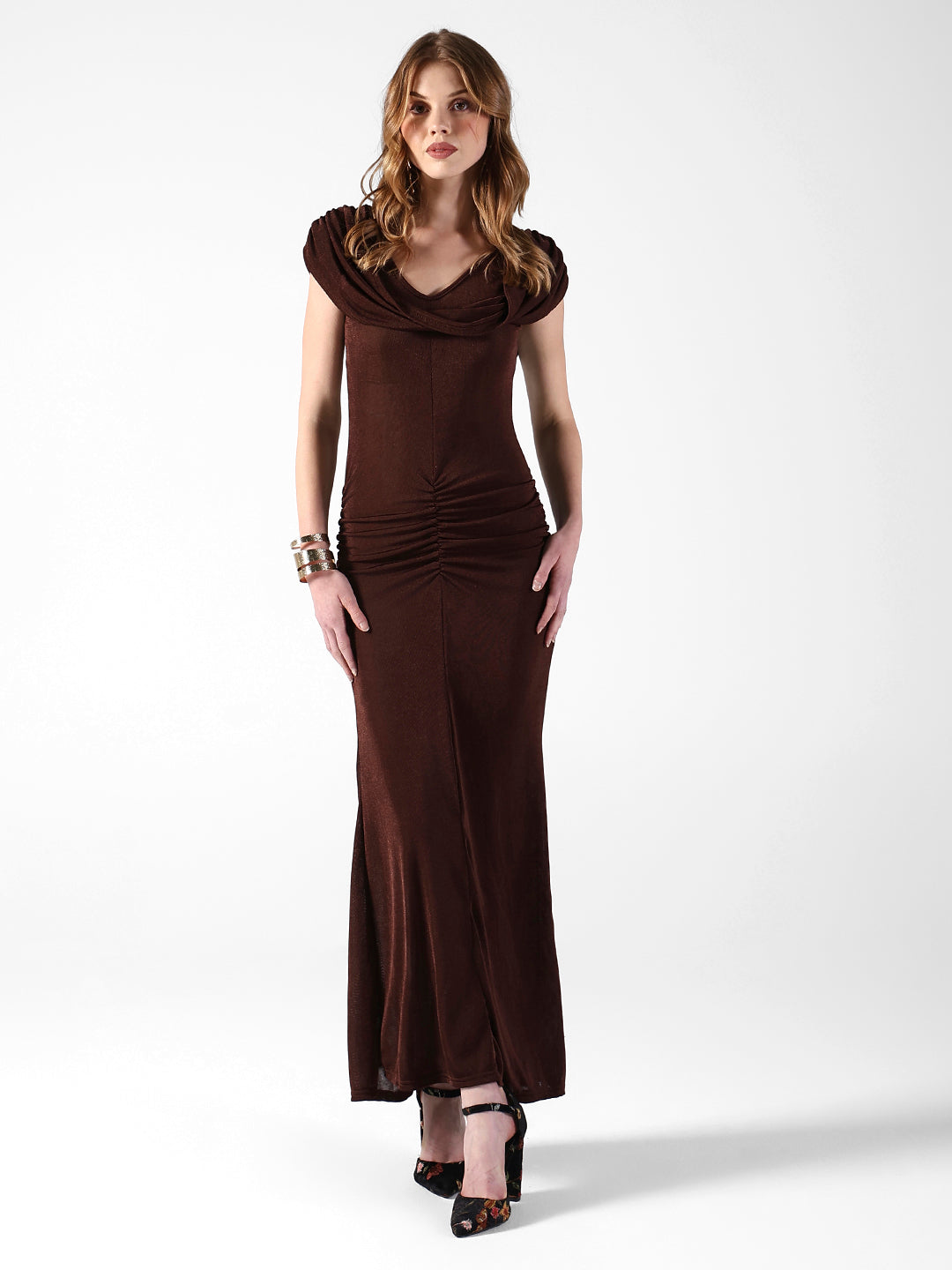 Women's Draped Brown Cowl Neck Ruched Bodycon Dress