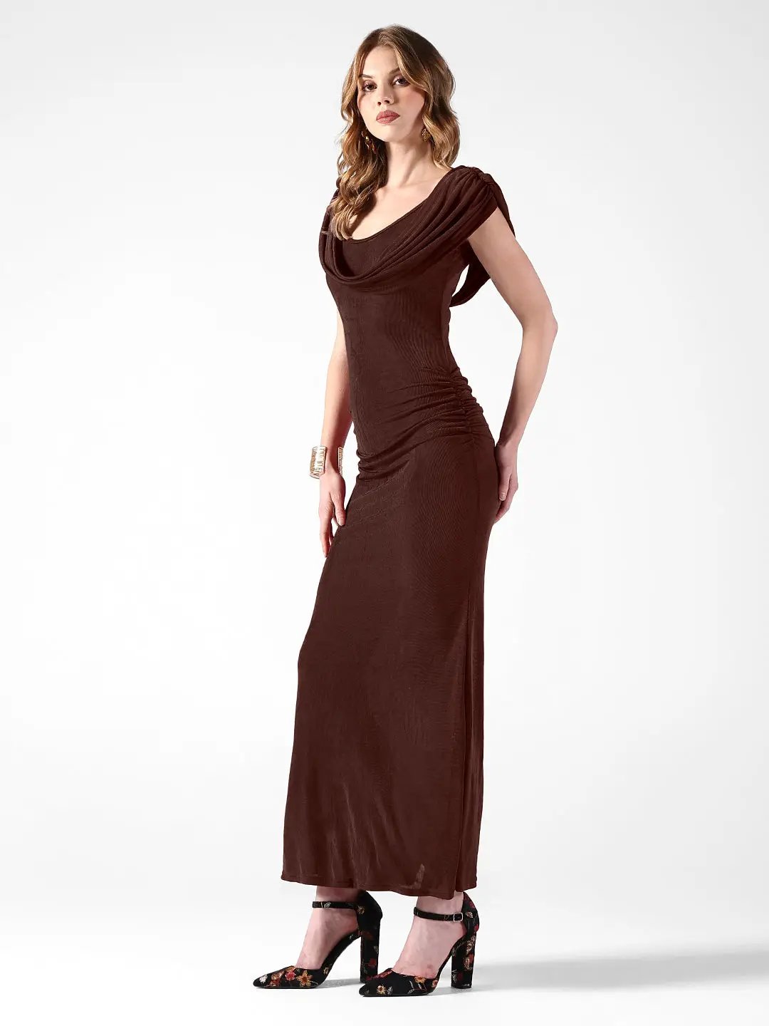 Shop Women's Draped Brown Cowl Neck Ruched Bodycon Dress| Showoffff Shop Women's Draped Brown Cowl Neck Ruched Bodycon Dress| Showoffff