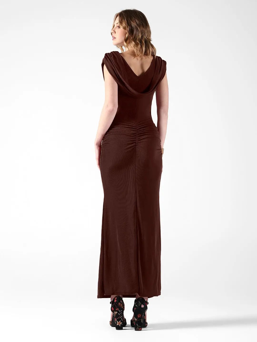 Women's Draped Brown Cowl Neck Ruched Bodycon Dress - Uncategorized from SHOWOFFFF
